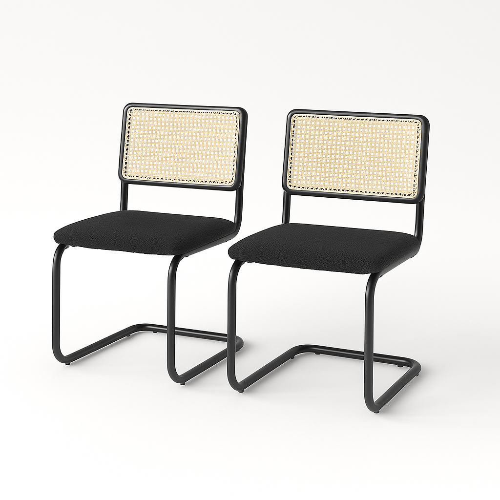 Rattan Dining Chairs Set of 2 – Black Cantilever Frame with Cane Back & Teddy Fleece Seat