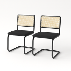 Rattan Dining Chairs Set of 2 – Black Cantilever Frame with Cane Back & Teddy Fleece Seat