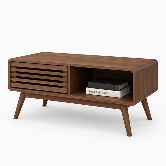 Mid Century Modern Wooden Coffee Table with Storage & Sliding Door