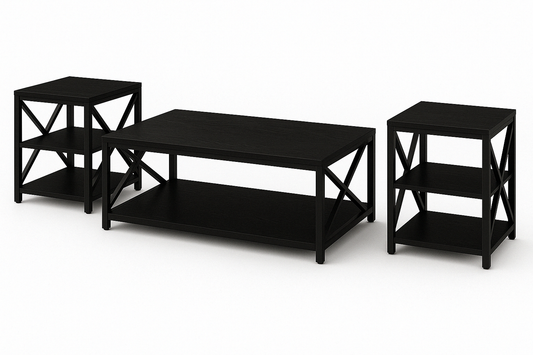 3-Piece Industrial Coffee Table Set – Rectangular Center Table with 2 Side Tables