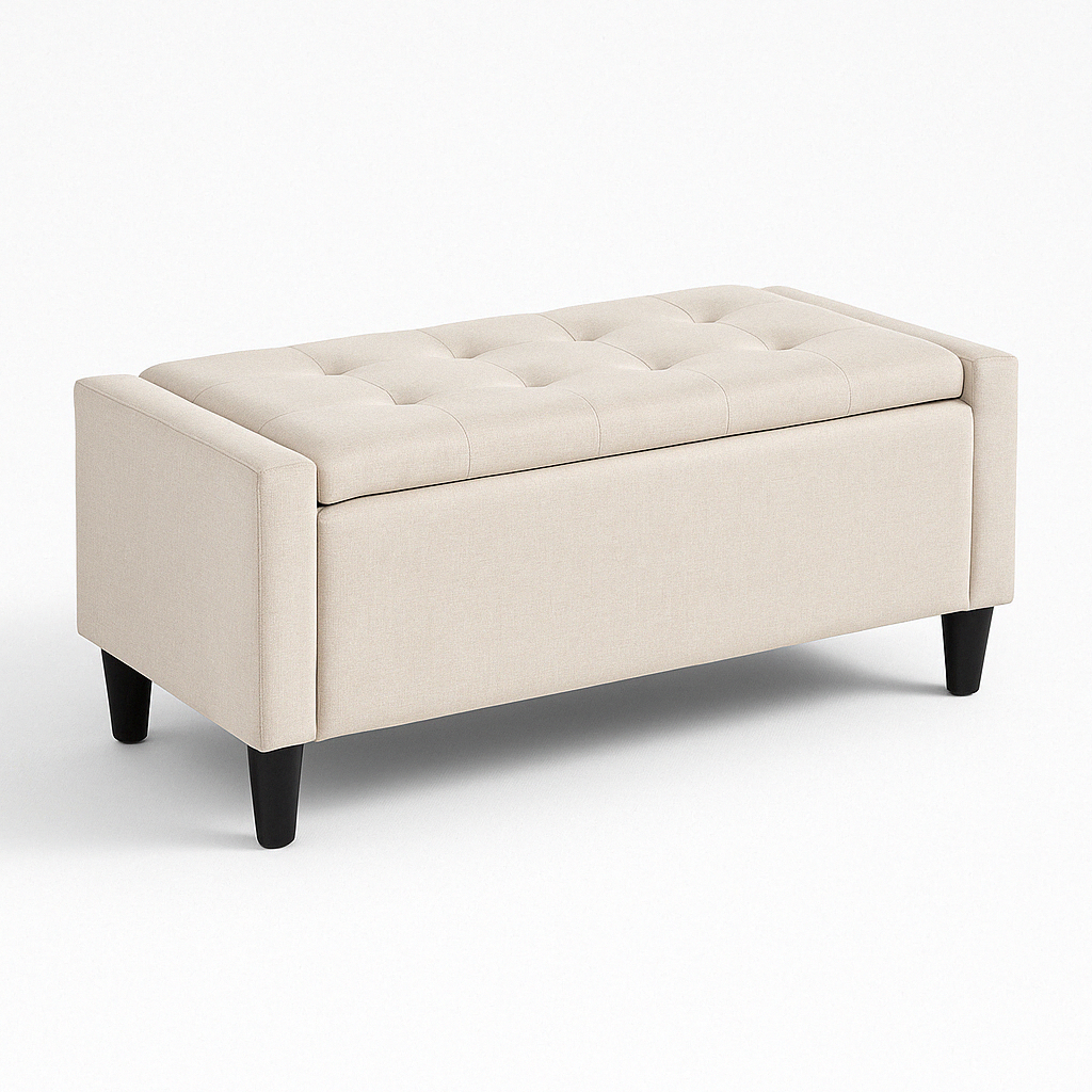 Modern Storage Ottoman Bench – Beige Linen Upholstered Seating with Hidden Storage