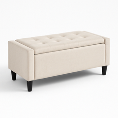 Modern Storage Ottoman Bench – Beige Linen Upholstered Seating with Hidden Storage