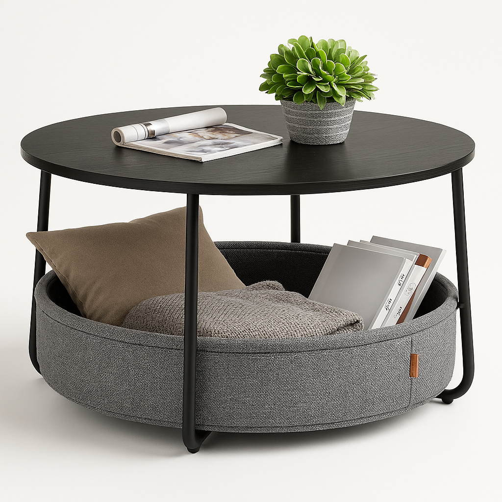 Round Coffee Table with Fabric Storage Basket