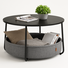 Round Coffee Table with Fabric Storage Basket