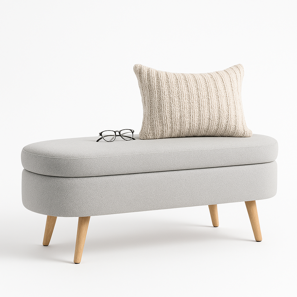 Oval Storage Ottoman Bench – 43.5" Wide with Hidden Storage & Rubber Wood Legs