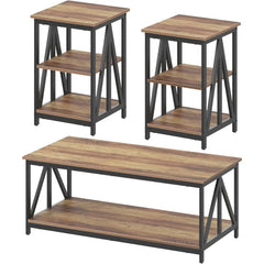 3-Piece Industrial Coffee Table Set – Rectangular Center Table with 2 Side Tables