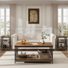 3-Piece Industrial Coffee Table Set – Rectangular Center Table with 2 Side Tables