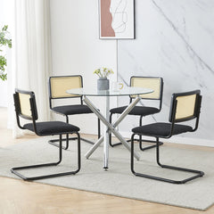Rattan Dining Chairs Set of 2 – Black Cantilever Frame with Cane Back & Teddy Fleece Seat