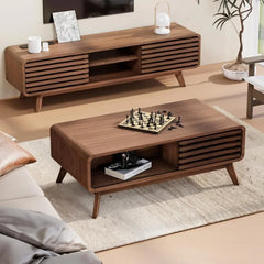 Mid Century Modern Wooden Coffee Table with Storage & Sliding Door