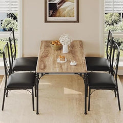 6-Piece Dining Table Set with 4 Chairs and Bench – Rectangular Wood Kitchen Table for Family Dining
