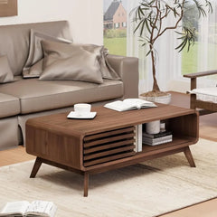Mid Century Modern Wooden Coffee Table with Storage & Sliding Door