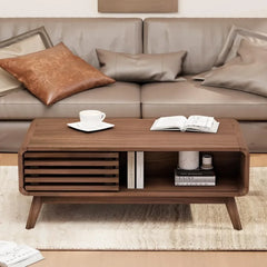Mid Century Modern Wooden Coffee Table with Storage & Sliding Door