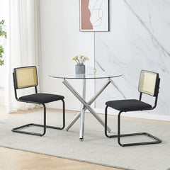 Rattan Dining Chairs Set of 2 – Black Cantilever Frame with Cane Back & Teddy Fleece Seat