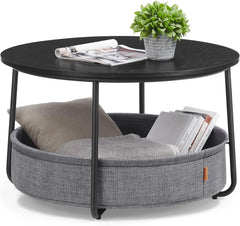 Round Coffee Table with Fabric Storage Basket