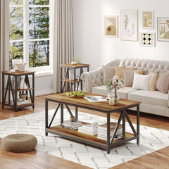 3-Piece Industrial Coffee Table Set – Rectangular Center Table with 2 Side Tables