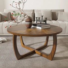 Round Wood Coffee Table – Mid Century Modern Walnut Centerpiece