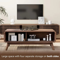 Mid Century Modern Wooden Coffee Table with Storage & Sliding Door