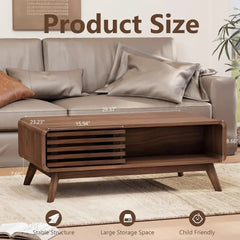 Mid Century Modern Wooden Coffee Table with Storage & Sliding Door