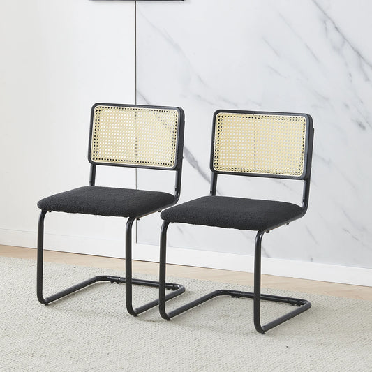 Rattan Dining Chairs Set of 2 – Black Cantilever Frame with Cane Back & Teddy Fleece Seat