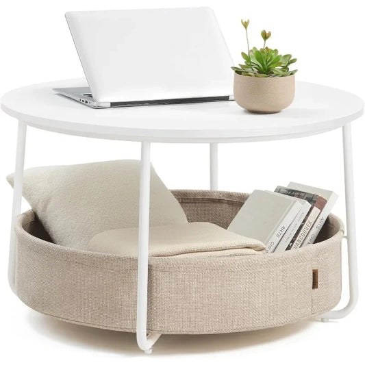 Round Coffee Table with Fabric Storage Basket