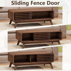 Mid Century Modern Wooden Coffee Table with Storage & Sliding Door