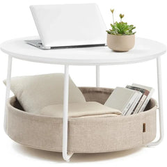 Round Coffee Table with Fabric Storage Basket