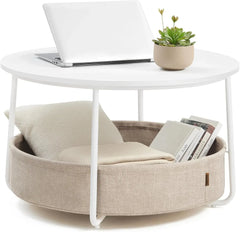 Round Coffee Table with Fabric Storage Basket