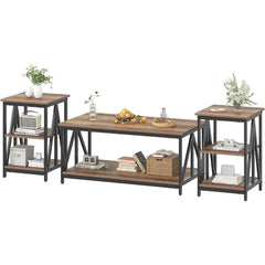 3-Piece Industrial Coffee Table Set – Rectangular Center Table with 2 Side Tables