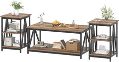 3-Piece Industrial Coffee Table Set – Rectangular Center Table with 2 Side Tables