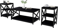3-Piece Industrial Coffee Table Set – Rectangular Center Table with 2 Side Tables