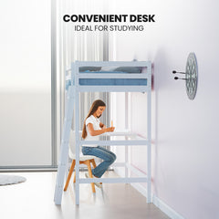 KINGSTON SLUMBER Wooden Kids Single Loft Bed Frame with Desk - White