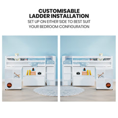 KINGSTON SLUMBER Wooden Kids Single Loft Bed Frame with Pull Out Desk, Storage Drawers - White